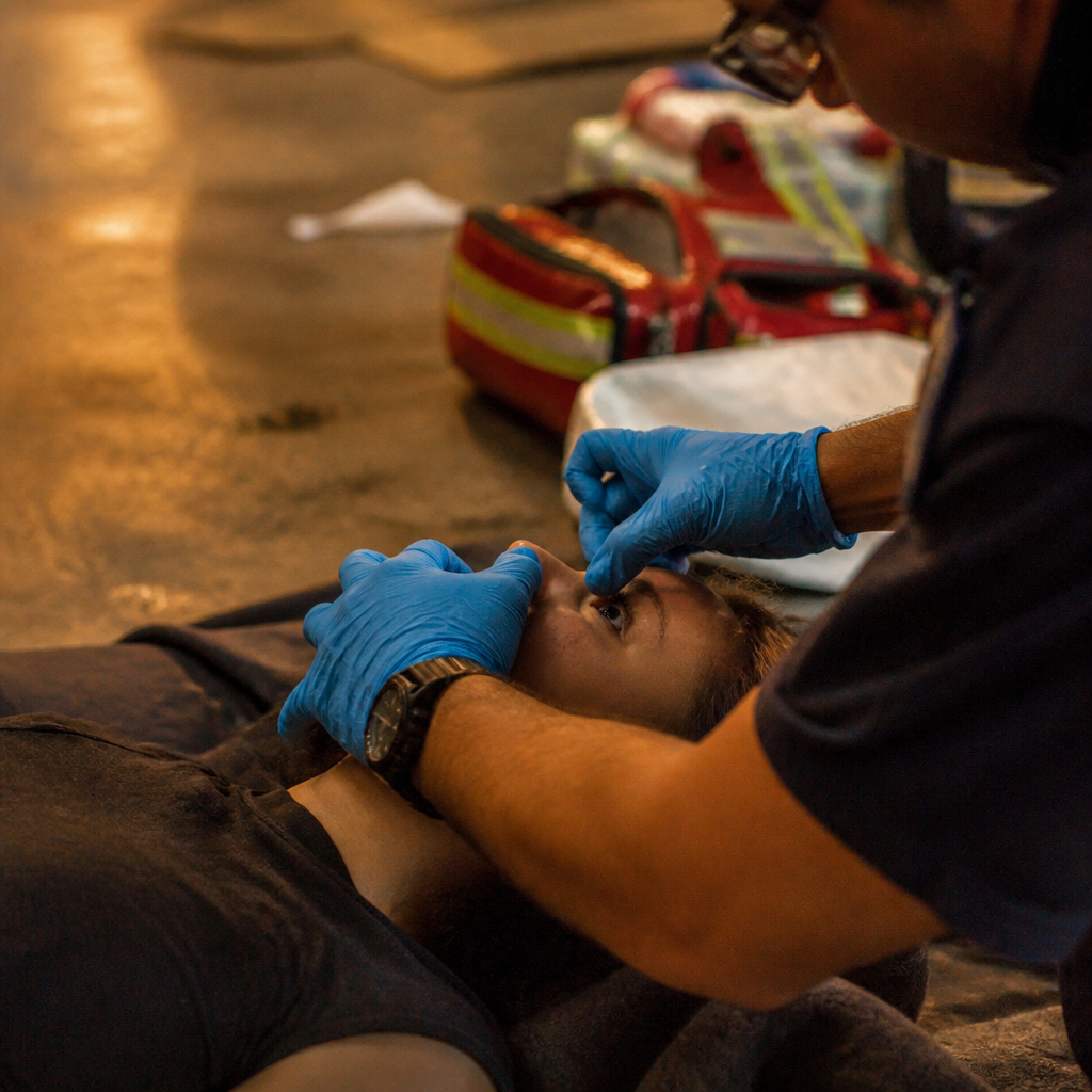 Persona con guantes médicos revisando la pupila de otra persona tendida en el piso