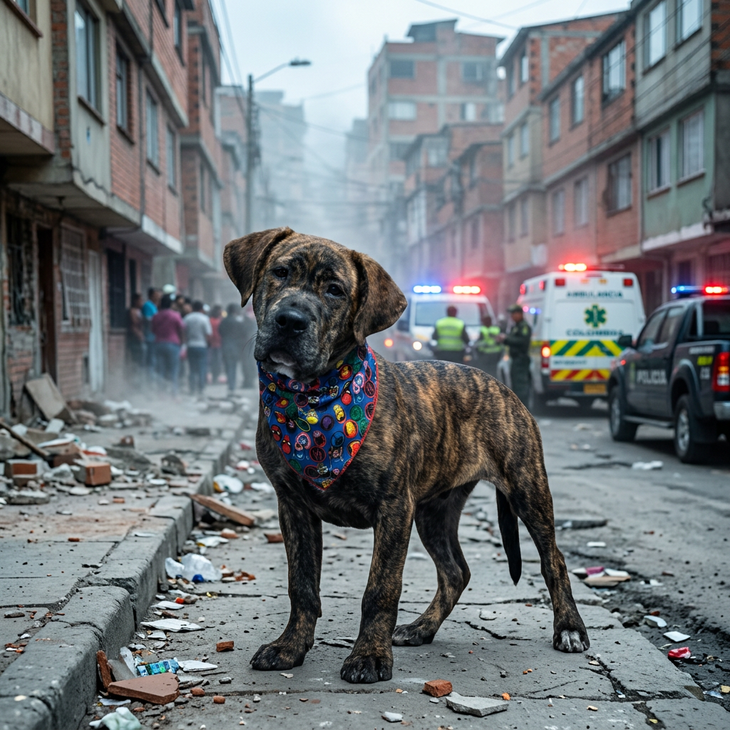 Perro con pañuelo colorido en una calle urbana durante una emergencia