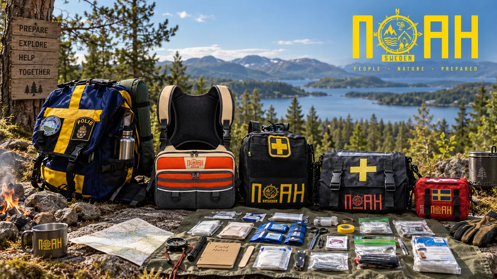 Equipos, morrales y kits de supervivencia NOAH Sweden organizados en un paisaje de montañas y lago