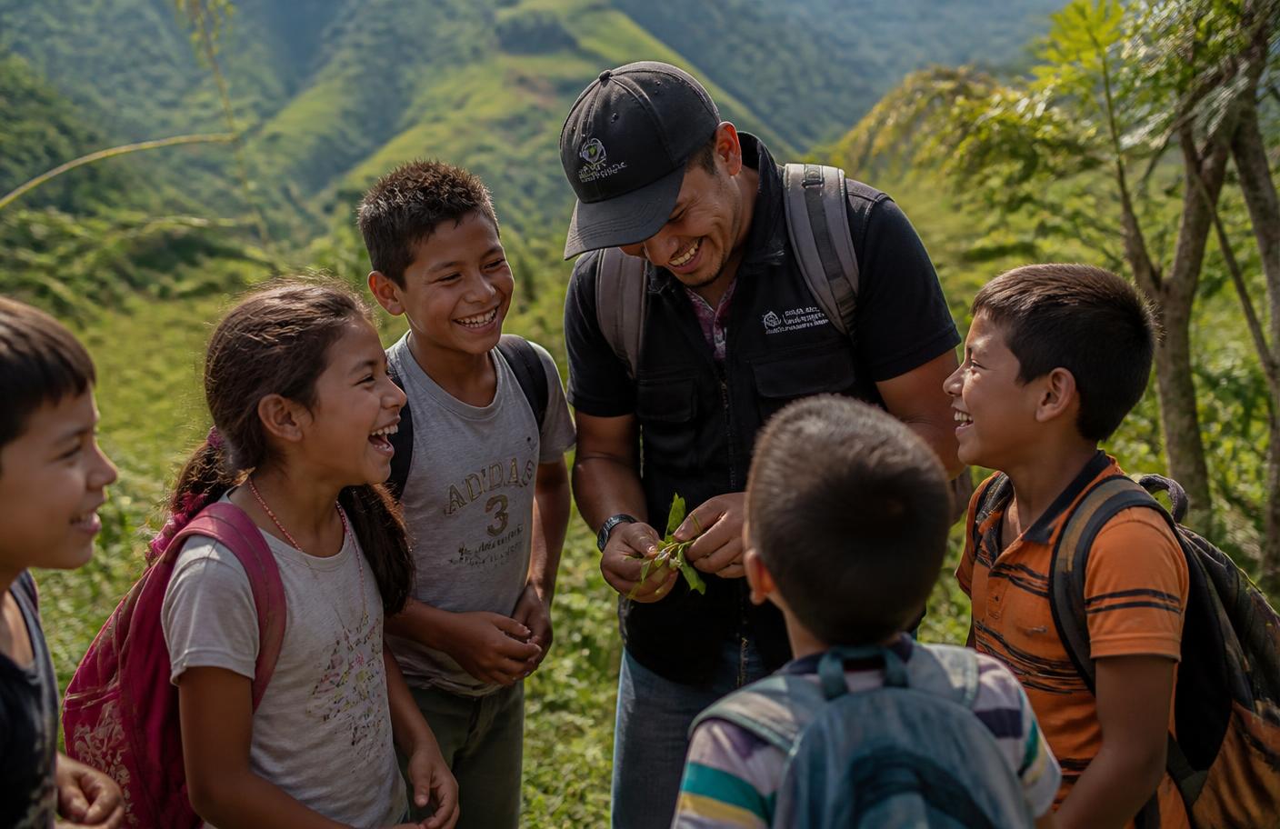 Niñas y niños del campo aprendiendo al aire libre con un instructor