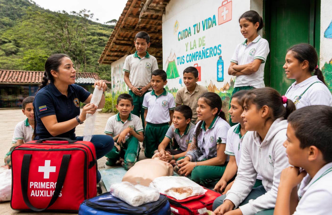 Instructora enseñando primeros auxilios a niñas y niños en una escuela rural
