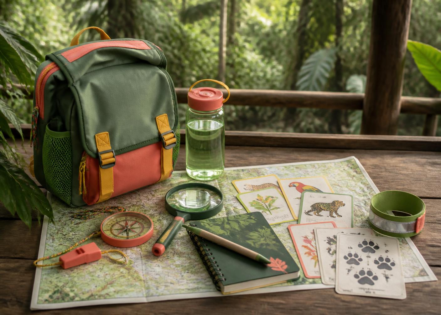 Mochila y herramientas del Kit Explorador Yawi sobre un mapa de selva