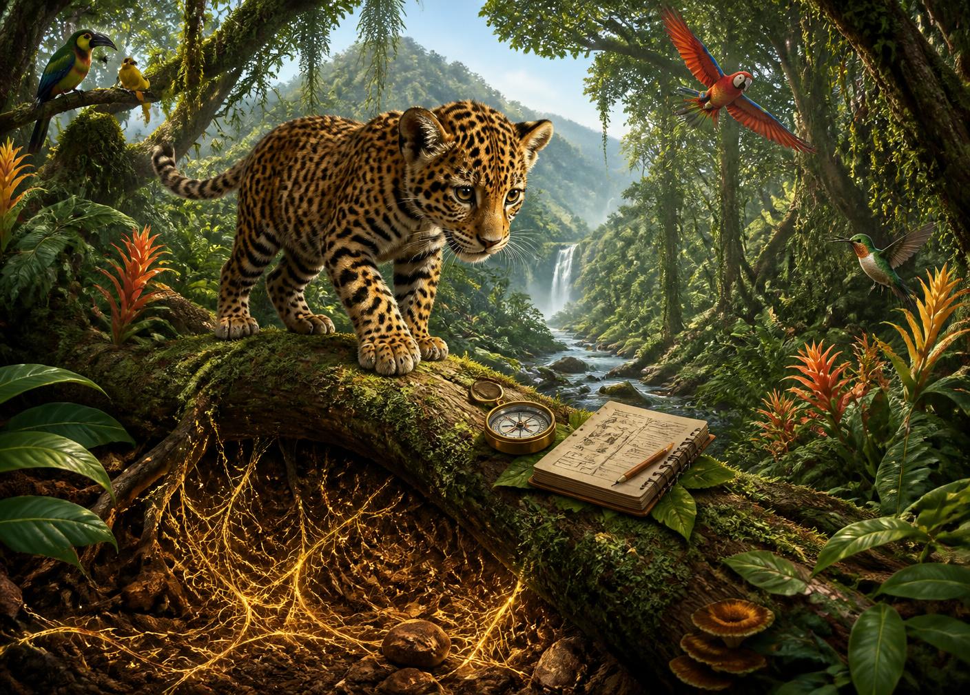 Yawi, un cachorro de jaguar, explora la biodiversidad de la selva
